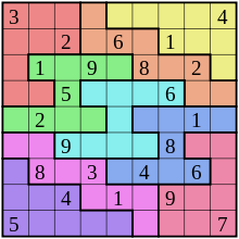 A Sudoku puzzle grid with many colours, with nine rows and nine columns that intersect at square spaces. Some of the spaces are pre-filled with one number each; others are blank spaces for a solver to fill with a number.