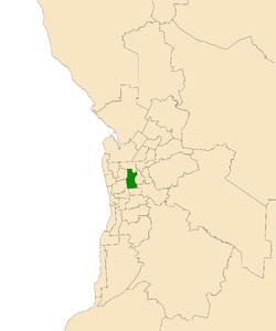 Map of Adelaide, South Australia with electoral district of Adelaide highlighted