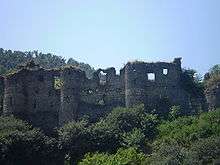 Stone ruins of a structural wall showing remaining windows and turrets, surrounded by vegetation.