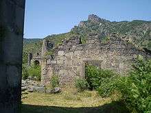 Remnants of stone wall with foliage growing through the entranceway.