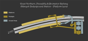 Station plan: only the westernmost lift and passage entered into use.