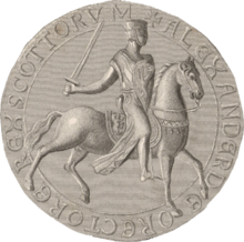 Reverse side of the circular seal used by Alexander the Second, showing the King, in full armour, seated on horseback. The upright Lion symbol is shown upon both the saddle and the shield held by the King.