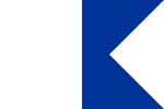 A flag, left half white, right half blue, the right edge has a triangular cut-out along its full length