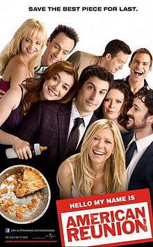 Group picture of the cast. Alyson Hannigan has a baby bottle in hand instead of a flute. The pie has only a small slice left, indicating this is the final film in the series.