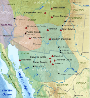 A map of the American Southwest and the northwest of Mexico showing modern political boundaries. Overlaid over them are four colored and labeled territories: "Anasazi", "Hohokam", "Petaya", and "Mogollón". Anasazi land is colored green.