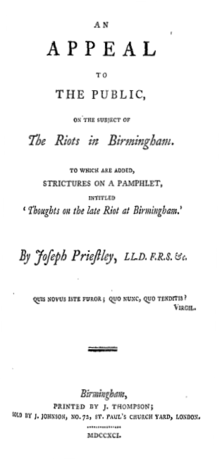 Title reads: "An Appeal to the Public, on the Subject of The Riots in Birmingham. To which are Added, Strictures on a Pamphlet, intitled 'Thoughts on the late Riot at Birmingham.' By Joseph Priestley"