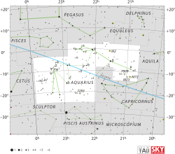 Diagram showing star positions and boundaries of the Aquarius constellation and its surroundings