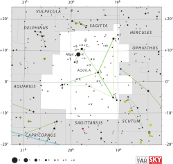 Diagram showing star positions and boundaries of the Aquila constellation and its surroundings