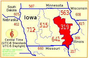 The area colored red indicates the geographical region in the state of Iowa, served by area code 319