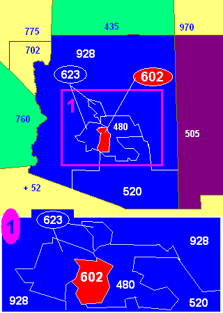 Map of Arizona area codes in blue (and border states) with 602 in red