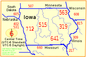 The map indicates the geographical region of each telephone area code in the state of Iowa