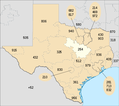 Map of Texas and area code 254