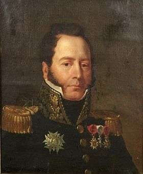 Painting of a dark-haired man with mutton-chops in a dark blue uniform with a high collar, epaulettes, and four medals.