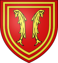 Gules, two fishes Or addorsed, bordured multiply: gules, Or, gules, Or