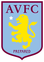 A badge with a claret border, light blue background and yellow lion rampant facing to the left with a small star slightly above an outstretched leg. AVFC is atop the lion in claret writing with "Prepared" written underneath.