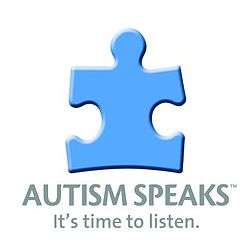 A logo with a blue puzzle piece and text below saying "Autism Speaks It's Time To Listen"