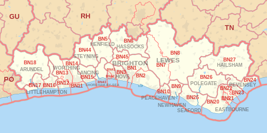 BN postcode area map, showing postcode districts, post towns and neighbouring postcode areas.