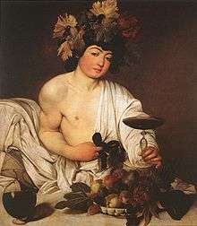 Painting of Dionysus with garland, food and wine