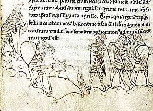 A medieval manuscript and ink picture of King Stephen at the Battle of Lincoln