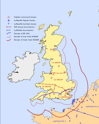 A map of the United Kingdom showing the range of its radar. The ranges reach out into the North Sea, English Channel and over northern France