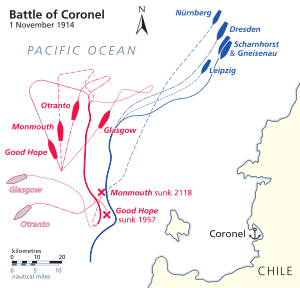 The British and German fleets converged from the south and north, respectively. Two British ships split off to escape.