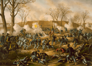 Union soldiers charging into battle, some injured or dying