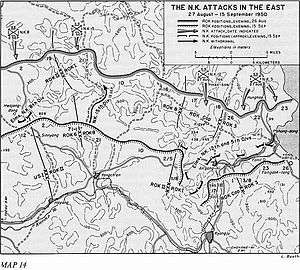 Topographic map showing North Korean units advancing along a coastal area