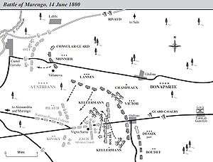 Black and white map of the battle, featuring Castel Ceriolo in the top-left corner and San Giuliano in the lower-right centre. French troops are positioned to the left of San Giuliano and extend until to the right of Castel Ceriolo. The Austrian pursuit column advances from the left towards San Giuliano, but is blocked by the arrival of Desaix and Kellermann's charge.