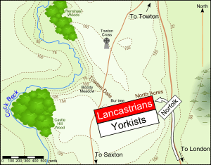 The Lancastrians were pushing back the Yorkists, but are engaged on their left flank by Norfolk's soldiers.