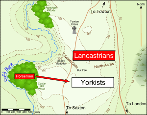 The two forces face each other across a dale. A small patch of woods stand to their west. A river flows around the battlefield from the west to the north.