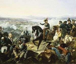 Painting of a battle featuring a man on horseback in the center. In the distance is a city on a lake.