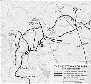 A topographic map of North Korean units advancing on a city