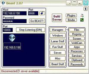 Screenshot of the control panel of the Beast, a remote administration tool that provides a hacker full control over a victim's computer. The program enables the hacker to upload, download, delete or execute any file, edit the registry, take screenshots or capture Webcam images, steal passwords, and many other malicious acts.