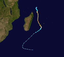 Map of a tropical cyclone's track as denoted by colored dots. The location of each dot indicates the storm's relative position at six-hour intervals, and its color denotes the storm's intensity at that location.