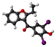 Ball-and-stick model of the benziodarone molecule