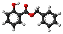 Ball-and-stick model of the benzyl salicylate molecule