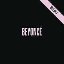 A black background; the word "Beyoncé" is stylized in pink font and located in the center of the image, and a silver banner with the term "Platinum Edition" affixed on the top right corner.