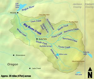 The North Fork begins on Rustler Peak. It flows southwest, then west, gathering many small tributaries. The South Fork begins at the confluence of Rancheria and Twincheria creeks, flowing generally west. One of its main tributaries is Willow Creek, whose headwaters are on Mount McLoughlin. It is impounded by Willow Dam, creating Willow Lake. Big Butte Springs is also located on Willow Creek. The two forks merge at Butte Falls. Big Butte Creek flows northwest until it enters the Rogue River near Lost Creek Lake. The Big Butte Creek watershed is located almost entirely within Jackson County, with a small eastern portion in Klamath County.