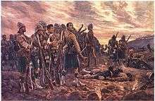 Painting of a rugged group of soldiers gathering their dead and wounded