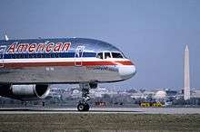 A Boeing 757, registration N64AAA, at Ronald Reagan Washington National Airport in March 1985