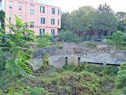 an overgrown crater with ruined walls around part of the perimeter