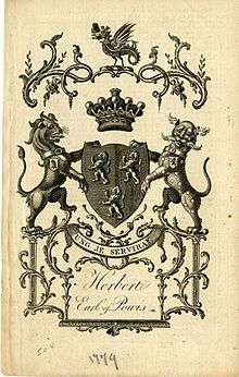 A bookplate showing the coat of arms for the Earl of Powis