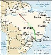 A map of Brazil with the approximate flight paths plotted on it in as red and green lines. The paths meet at the collision point, about half way between Brasilia and Manaus.