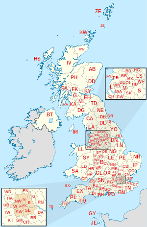 Map of the United Kingdom and Crown dependencies showing postcode area boundaries