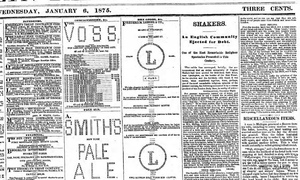 A portion of the Brooklyn Daily Eagle, January 6, 1875 showing advertisements made from "Ascii" art.