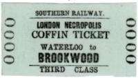 Railway ticket labelled "Southern Railways London Necropolis Coffin Ticket, Waterloo to Brookwood, Third Class