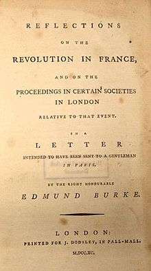 Page reads "Reflections on the Revolution in France, and on the Proceedings in Certain Societies in London Relative to that Event. In a Letter Intended to have been sent to a Gentleman in Paris. By the Right Honourable Edmund Burke. London: Printed for J. Dodsley, in Pall-Mall. M.DCC.XC."