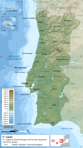 Map of Portugal with a red dot representing the location of Buçaco Forest