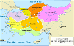 Map of Byzantine Empire showing the themes in circa 750