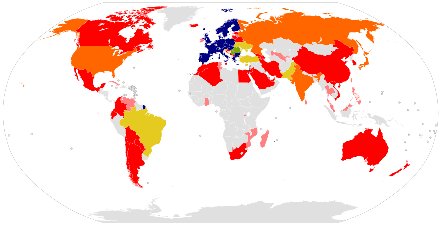 A world map highlighting the nature of relations of nations with CERN.